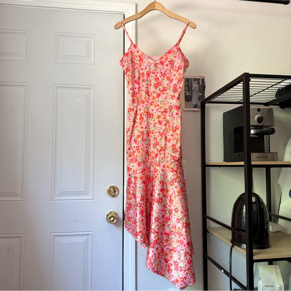 BHLDN Anthropologie‎ pink floral asymmetrical hem draped midi sleeveless dress